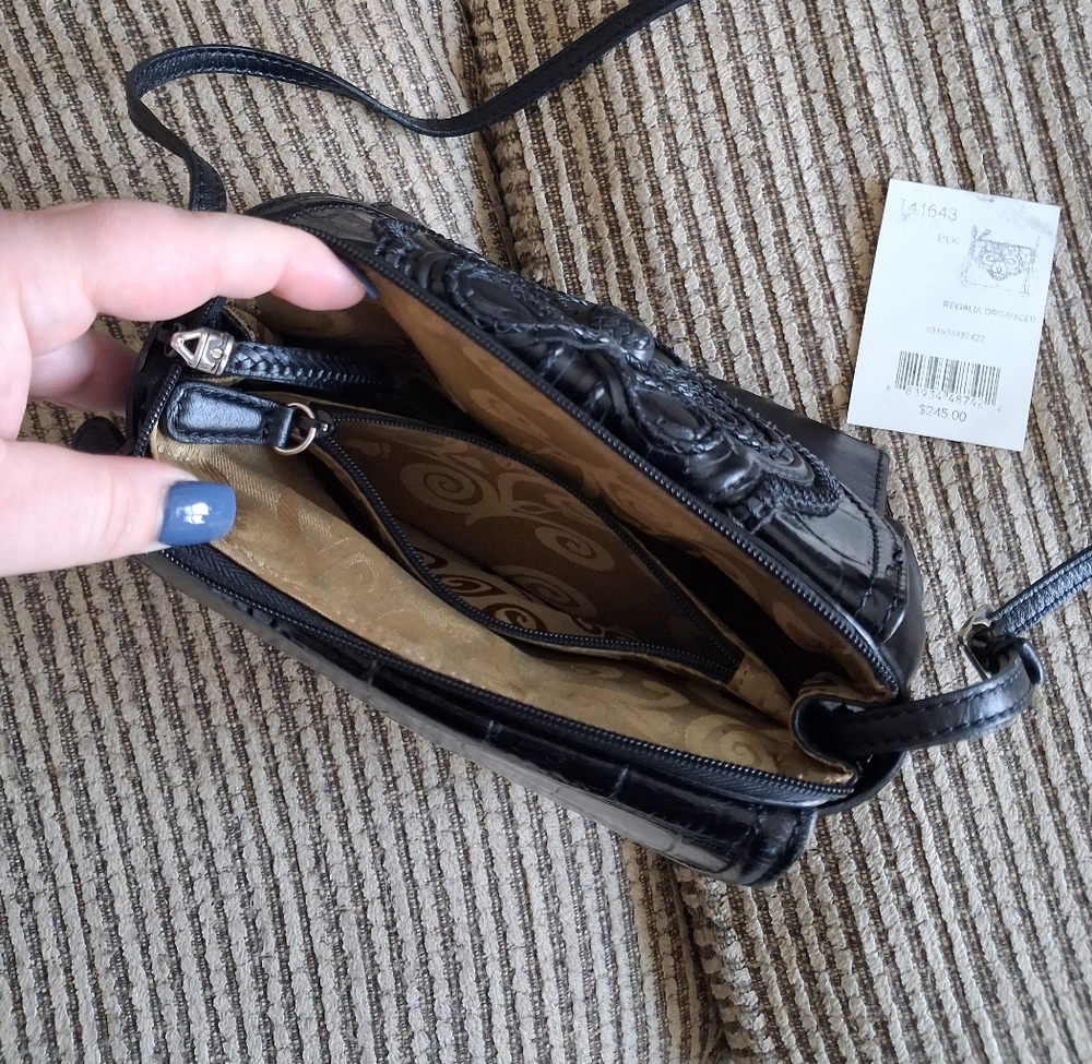 🆕BRIGHTON REGALIA Organizer Woven Braided Black Leather Croc Crossbody Bag - Picture 12 of 16